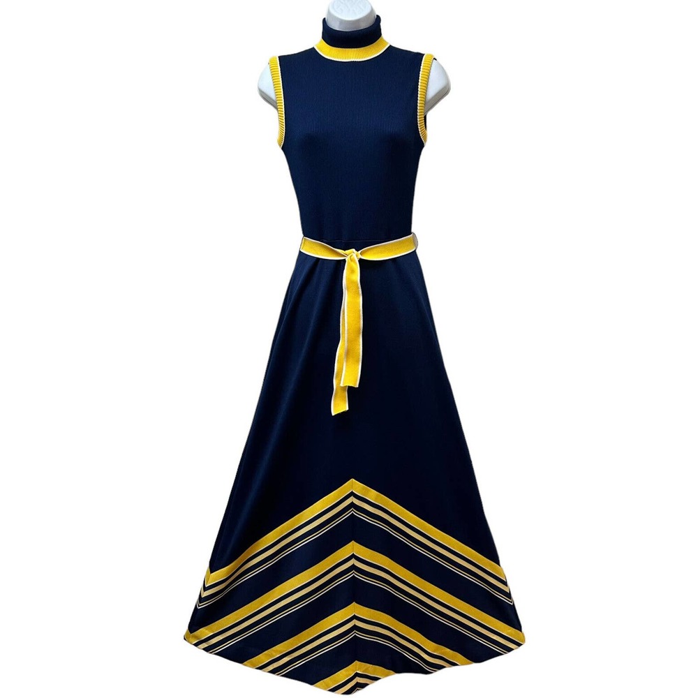 VINTAGE Retro Knit MAXI Dress Sleeveless Turtleneck Blue Yellow Chevron‎ Striped